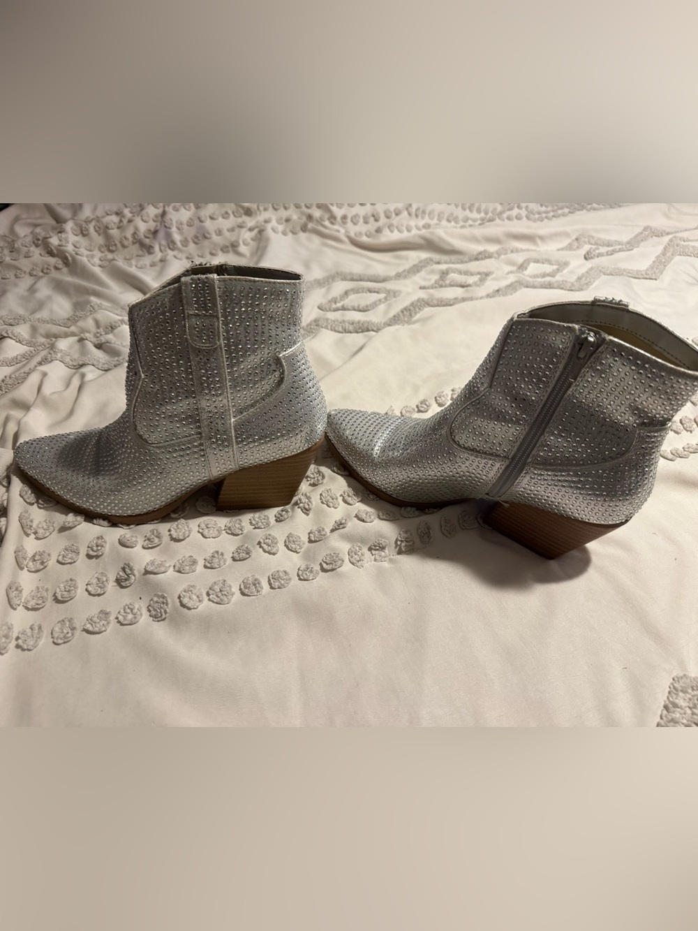 Women's White Rhinestone Ankle Boots - Fashionable Block Heel